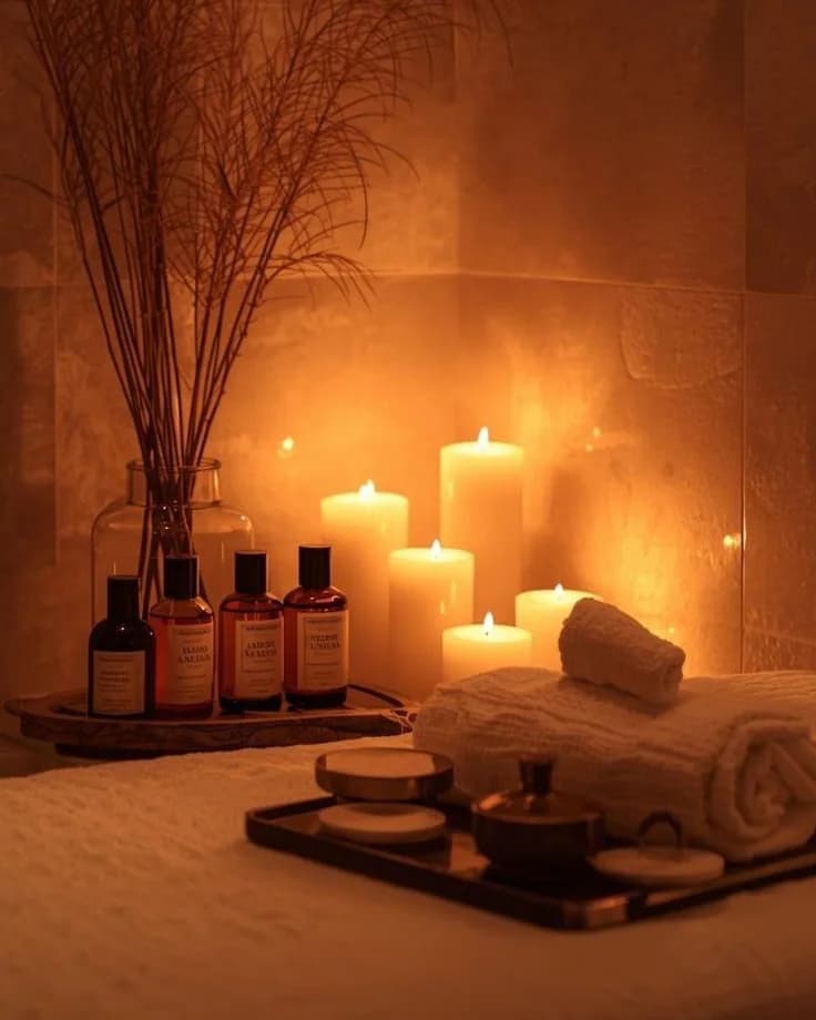 Candlelit treatment room with warm towels and massage oils
